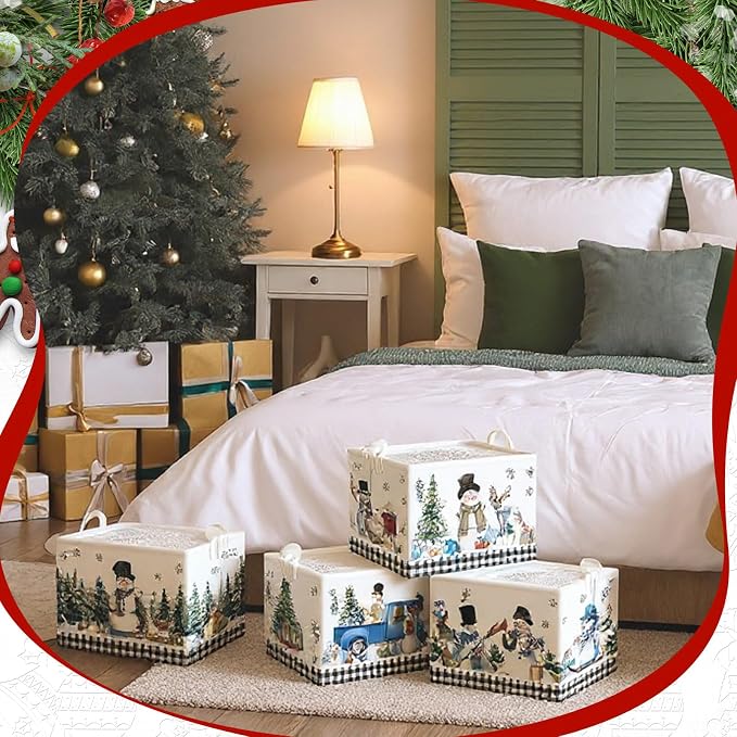 CHENGU 6 Pack Winter Storage Basket Collapsible Winter Basket for Gifts Buffalo Plaid Holiday Decor Large Snowman Bin Foldable Tree Box with Handle for Bedroom Office Home - Image 2