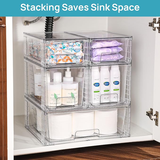Vtopmart Clear Stackable Storage Drawers, 7 Pack Multi Size Set | Wide, Medium and Small Pull-Out PET Drawers for Flexible Organization, Stackable Storage for Cabinets, Closets, Pantry - Image 4