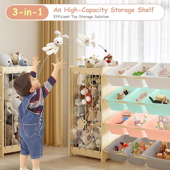 EXPERLAM Large Toy Storage Organizer, Wooden Stuffed Animal Storage & 12-Bins Toy Organizer, Double-Sided Plush Toy Holder Featuring Thicker Ropes, Space Save Playroom Bedroom Nursery Storage, Multi - Image 7