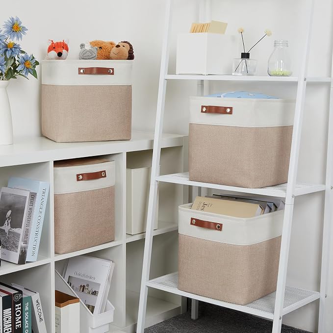DULLEMELO Cube Storage Bins - 4 Pack Foldable Large Storage Baskets 12 inch Gifts Empty Fabric Bins for Home Office Cubes Organizer Closet, Shelves, Toy, Nursery (4 Pack - 12" White&Khaki) - Image 6