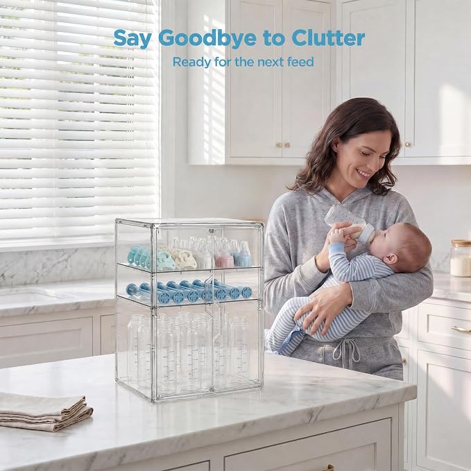 HBlife Baby Bottle Storage Organizer for Countertop Cabinet, 3 Tiers Adjustable Clear Acrylic Bottles Storage Station Case Box Container with 2 Removable Dividers and Magnetic Double Door, X-Large - Image 5