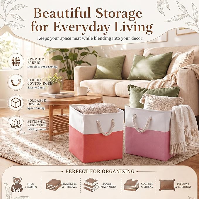 6 Pack 13x13 Inch Cube Storage Bins Fabric Square Cube Baskets, Light Pink | Light Pink Foldable Fabric Organizer with Handles, Home Closet Bin for Shelves, Durable Cube Baskets Bulk for Home Storage - Image 5