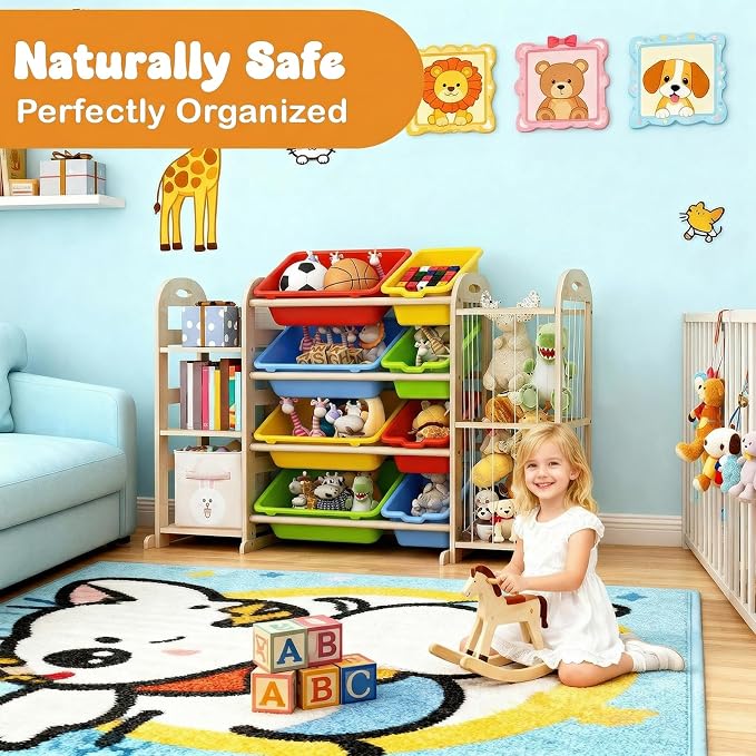 Toy Storage Organizer, Toy Organizers and Storage with Stuffed Animal Storage, Kids Toy Storage Shelf with 3 Shelves 8 Storage Bins, Kids Bookshelf, Toy Holder for Playrooms, Bedrooms, Multi Color - Image 4