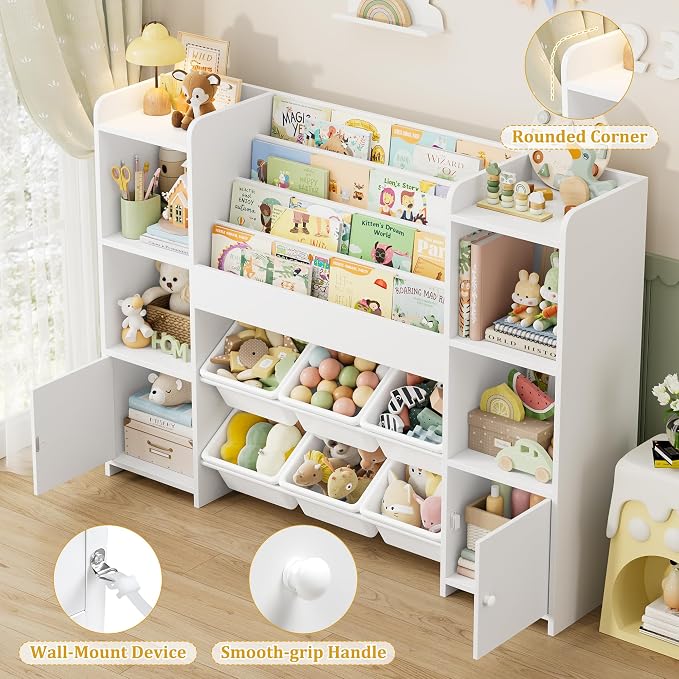 Toy Storage Organizer with 6 Toy Bins & 4 Tier Kids Bookshelf | Toy Organizer with 6 Cubbies, Kids Toy Organizers and Toy Storage with Bins, Playroom Storage and Toy Chest, White - Image 3