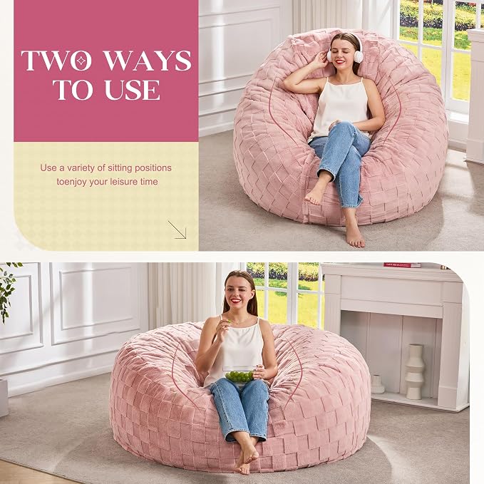 Hobestluk Adults Bean Bag Chair 5FT Big BeanBag Chair Giant Large Oversized | Memory Foam,Washable Cover,Unique Fluffy Plaid,Comfy Adult BeanBag with Filler Lounging Gaming Bedroom Living Room | Pink 5FT - Image 3