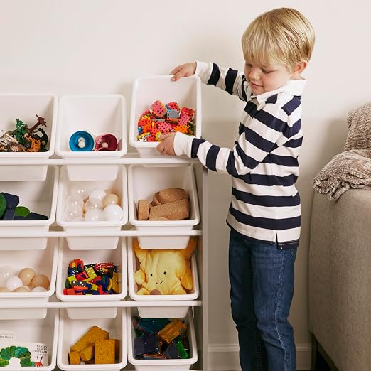 ECR4Kids 4-Tier Organizer with 12 Removable Plastic Bins, 4x3, Toy Storage, Grey/White | Durable plastic bins, MDF panels, steel frame, GREENGUARD Gold Certified, 48 lb capacity, anti-tip kit, playroom/classroom - Image 2