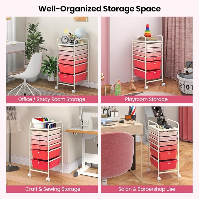 Giantex 6 Storage Drawer Cart Rolling Organizer Cart for Tools Scrapbook Paper Home Office School Multipurpose Mobile Utility Cart (Pink Gradient) - Image 5