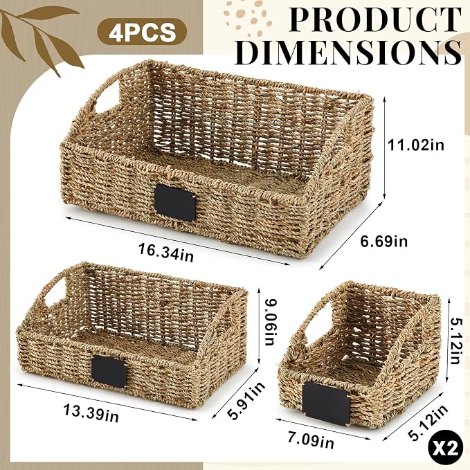 4 Pcs Natural Seagrass Storage Baskets Set Stackable Handwoven Wicker Storage Bins with Chalkboard Label Built-in Handles Woven Container Basket Kitchen Baskets for Shelves - Image 2