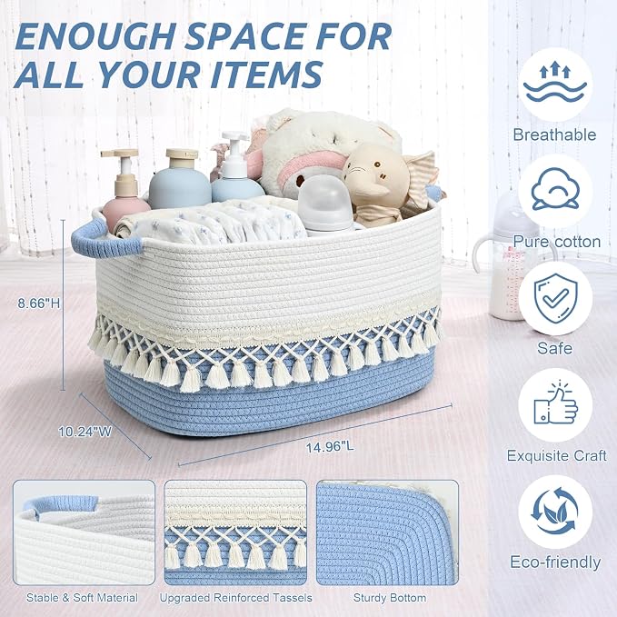 3 Pack Storage Basket for Shelves, Boho Cotton Rope Storage Bins with Heavy Tassel, Shelf Baskets Large Woven Baskets for Organizing, Cube Organizer Bins, Baby Laundry Basket for Clothes, Toys, Pets - Image 4