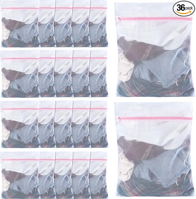 Nuenen 36 Pieces Mesh Laundry Bags Fine Mesh Wash Bags with Zipper Machine Washable Lingerie Bags for Washing Delicates Clothes Garment Underwear Blouse Hosiery Socks Travel, 16 x 20 Inches (Pink) by Nuenen