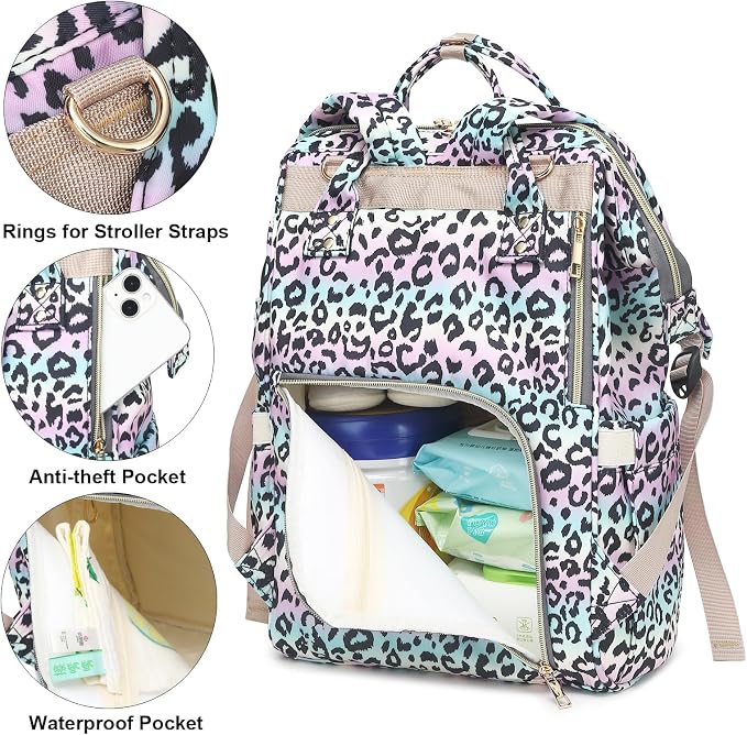 Leopard Baby Diaper Bag Backpack for Women, Large Capacity Waterproof Maternity Travel Nappy Backpacks with Stroller Straps - Image 3