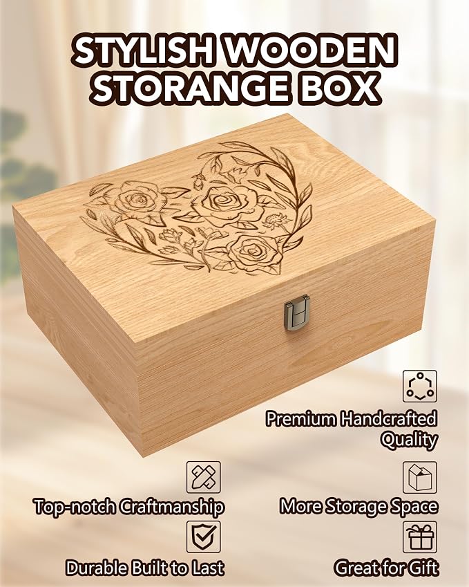 EXISTING Wooden Memory Keepsake Box, Floral Heart Engraved Keepsake Boxes | Memorial Box with Lock, Art Box for Anniversary, Wedding, Birthday, Valentines Day for Keepsakes, Wood Box for Office or Home - Image 5