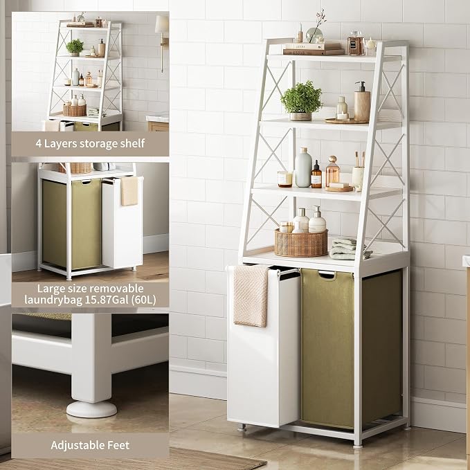 Herture Laundry Basket, 2 Section Laundry Hamper with 4 Tiers Shelf, Pull-Out and Removable Laundry Bags, Large 2 x 15.87 Gallons, for Bedroom Bathroom White PF11XLE - Image 4