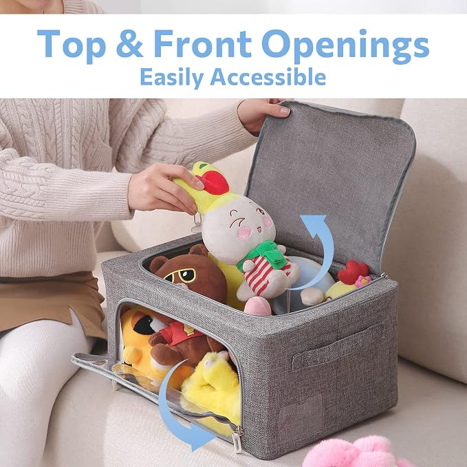 CYhom 3Pack Foldable Storage Bins - Frame Storage Box Linen Fabric Stackable Clothes Container Organizer with Clear Window & Carry Handles Large Capacity (Small-22L, Dark Gray) - Image 2