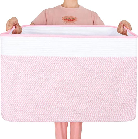 112L Extra Large Blanket Basket Holder Living Room, 25"x17"x16" Rectangle Rope Woven Storage Basket with Handles for Laundry, Towels, Shoes, Dog Toy Organizer Bin Box, Light Pink by MINTWOODDesign
