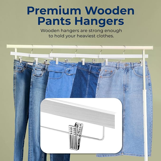 SereneLife 30 Pack Skirt and Pant Hanger with Adjustable Non-Slip Steel Clips, Premium Wooden, 360° Swivel Hook & 10 lb Capacity – Space-Saving Heavy-Duty Hangers for Jeans, Shorts & Slacks (White) - Image 3