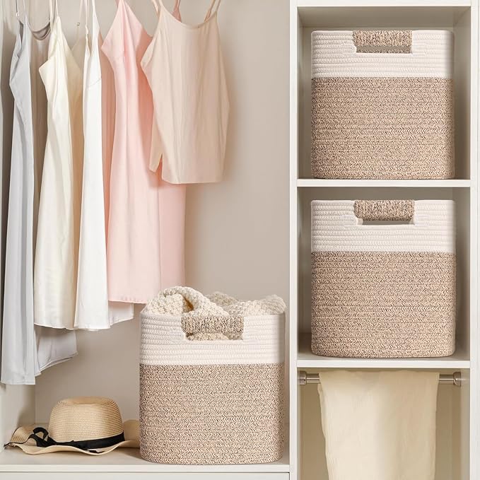 11 Inch Storage Cubes, 3 Pack Cube Storage Bins for Organizing, Cotton Rope Woven Baskets for Shelves, Bathroom, Kids Room, Closets, Baby Nursery - Image 7