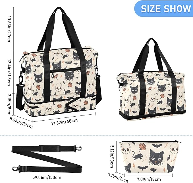 Travel Duffel Tote Bag Cat and Skulls Sports Duffel Bag with Wet Pocket Weekender Overnight Bag for Women Men Gym Bag, Carry On Bag Hospital Bag for Labor and Delivery - Image 6