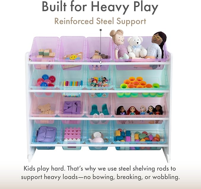 Humble Crew Kids Toy Organizer with 16 Bins, 4 Tier Storage for Playroom | Sturdy wood and steel toddler shelf, removable BPA-free containers, wall anchor anti-tip safety kit for bedroom or classroom - Image 4