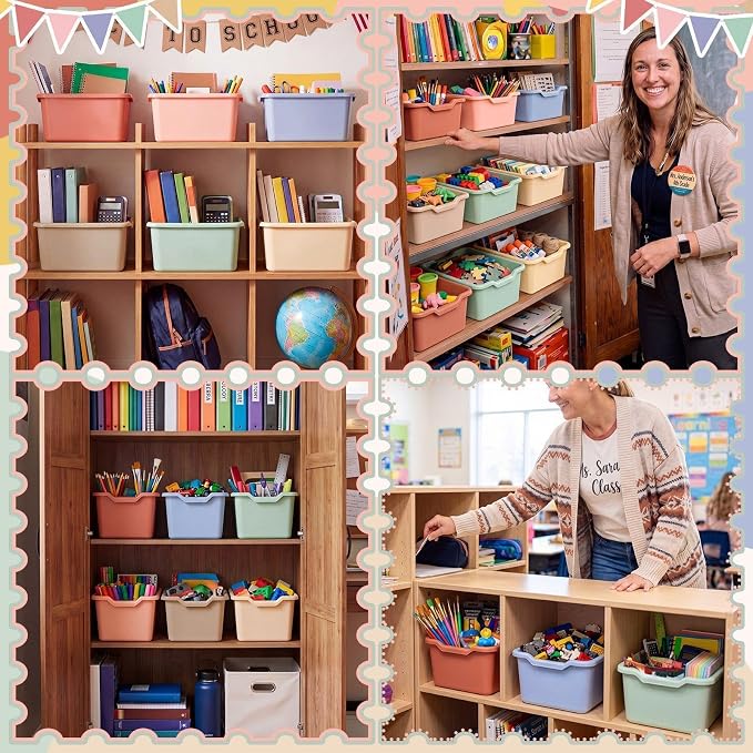 Novabright 12 Pcs Plastic Book Bins for Classroom, Back to School Supplies Library Cubby Bins Scoop Front Stackable Toy Storage Tubs Colorful Containers for Office Home Nursery Playroom Organization - Image 7