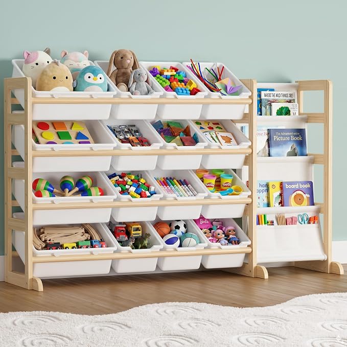NUTIKAS Toy Storage Organizer with Bookshelf - Wooden 12 Bins Kids Toy Organizer Rack, Solid Pine Wood, Toys Box for Toddler, Playroom, Living Room, Bedroom, Nursery by NUTIKAS