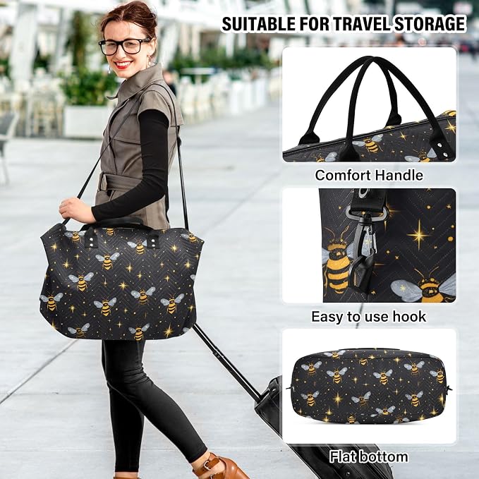 Large Travel Duffel Bag Sports Tote Gym Bag Overnight Weekender Bags Golden Bee Queen Crown Pattern Carry On Luggage with Toiletry Bags - Image 6