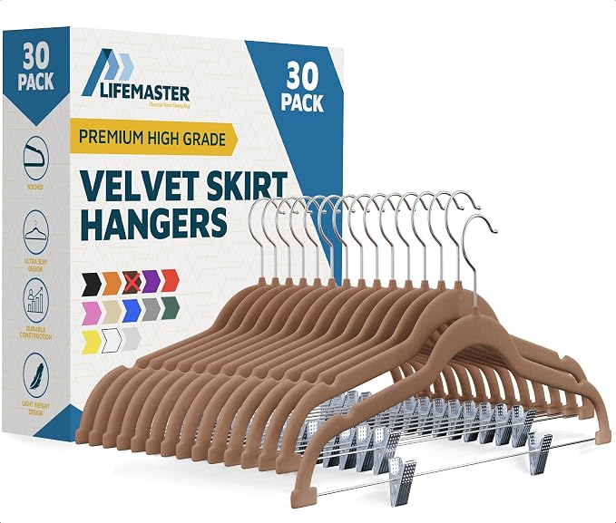 Lifemaster Velvet Skirt Hangers – with Adjustable Clips, 360 Degree Swivel Hook, and Non-Slip Shoulder Notch, Holds Up to 10 lbs, for Organizing Skirt, Pants, Dress, and Clothes, Pack of 30, Brown by LIFEMASTER