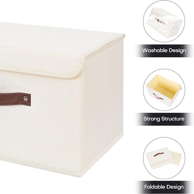 ANMINY Fabric Storage Box Bins with Lids, Beige, 13"x9"x7.9", 2 Pack | Keepsake Memory Storage, Cotton Linen, PP Board Reinforced, Washable, PU Handles, Foldable & Stackable, Decorative, Medium - Image 3