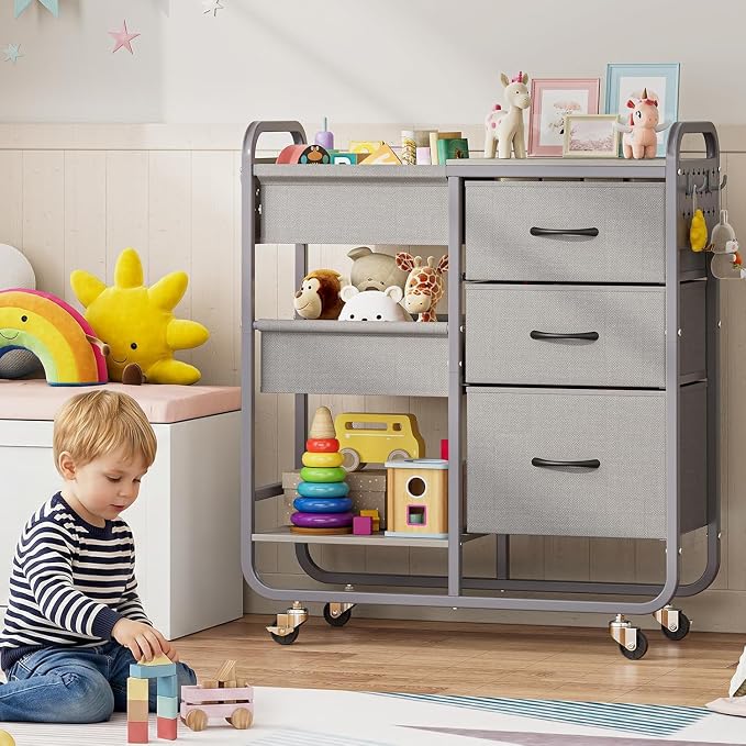 KINGRACK Baby Diaper Caddy Organizer and Storage Cart with Cloth Drawers | 3 Tier Metal Rolling Cart, 2-in-1 Large Capacity Mobile Utility Cart for Nursery, Bedroom, Changing Table & Crib - Image 7