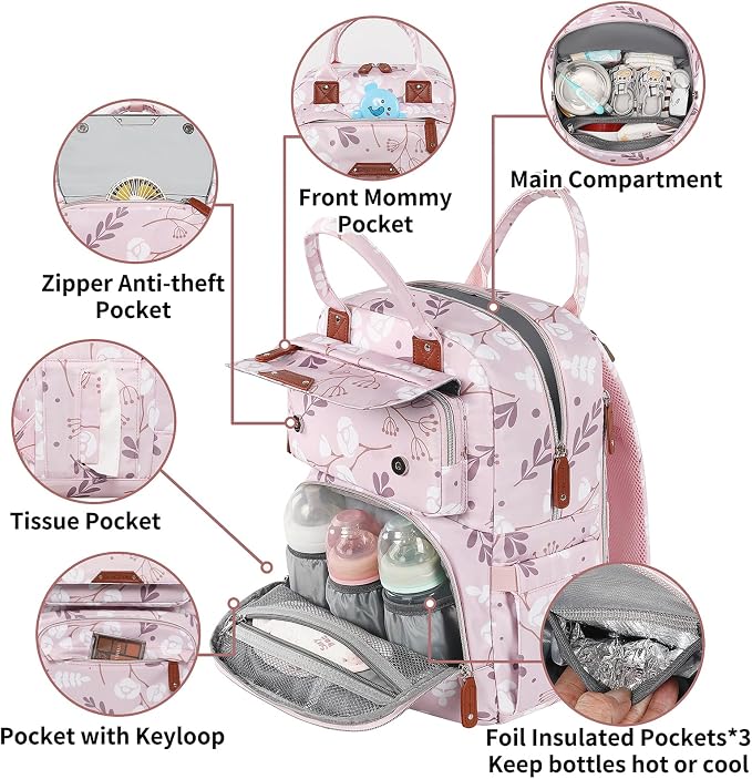 Diaper Bag Backpack for Baby Girl, Multifunction Waterproof Diaper Bag for Mom Dad, Large Pink Floral Baby Diaper Bags, Baby Essentials Travel Bag with Stroller Straps, Large Capacity, Stylish - Image 4