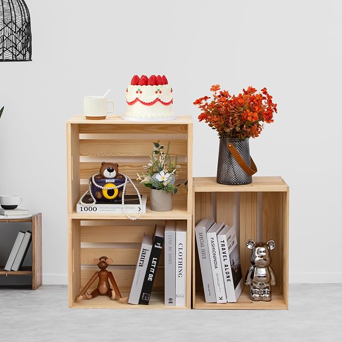 3 Pieces Large Pine Wood Crates For Storage, Unfinished Natural Wooden Crates, 17" x 13" x 8.9" Each, Holds Up to 50 Pounds - Image 3