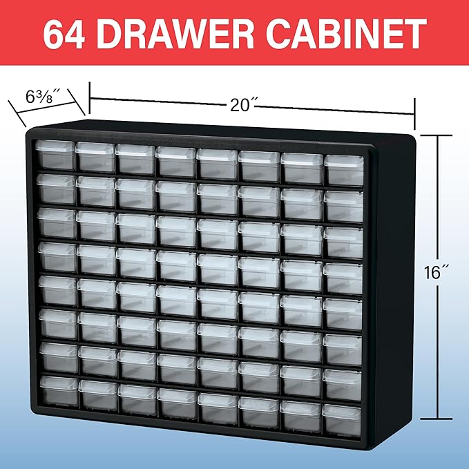 Akro-Mils 64-Drawer Plastic Storage Cabinet, 20" W x 6" D x 16" H, Red | Plastic Cabinet w/ Drawers for Garage Organization, Beads, Building Bricks Storage, Teacher Toolbox, Makeup Organizer, 10164 - Image 3