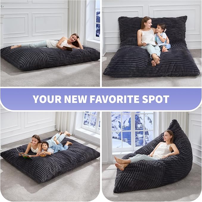 Hobestluk Adult Bean Bag Chair 3 in 1 Convertible Large Bean Bag Sofa | Striped Dark GreyMachine Washable,Removable Cover,Easy Convert And Install, Oversied Floor Bed,For Livingroom Bedroom - Image 5