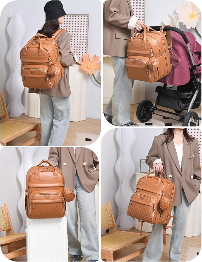 Diaper Bag Backpack with Changing Station, Waterproof for Travel, Vegan Leather, Brown - Image 6