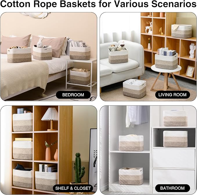 Small Storage Baskets for Organizing Shelves, Woven Cotton Rope Basket for Storage, Cute Rectangular Book Toy Baskets, 12.7"×9.1"×7.9", 4 Packs, Gradient Brown - Image 4