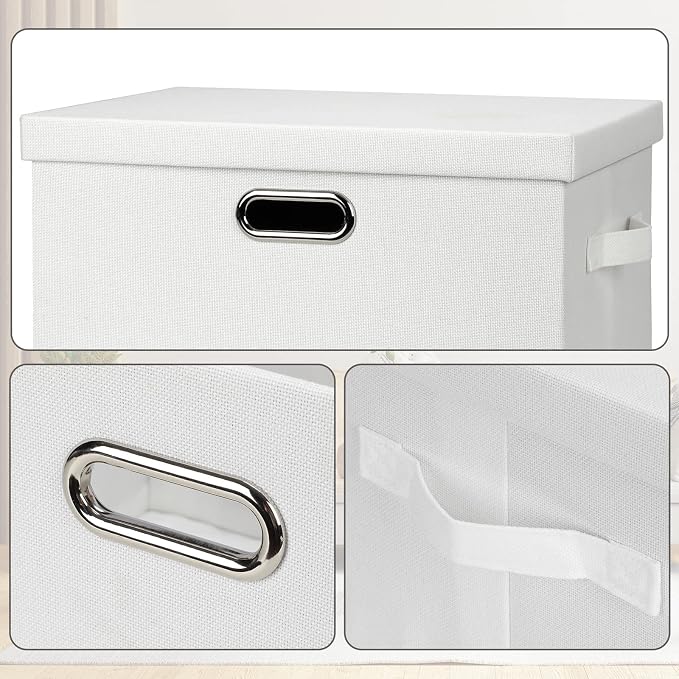 Storage Bins with Lids Fabric Closet Organizers Cubes Office Organization | 36 Quart 3 Pack White Collapsible Stackable Linen Fabric 4 Handles Bedroom Closet Cabinet Under Bed Clothes Toy Office File - Image 6