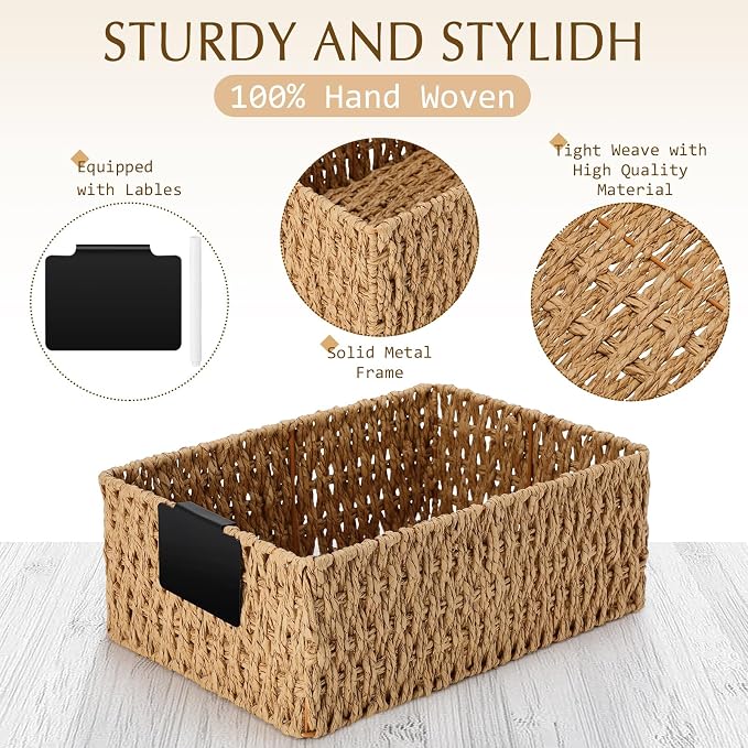 Marsui 6 Pcs Wicker Storage Baskets for Pantry Organization with Labels Handwoven Paper Rope Multi-size Natural Wicker Storage Bins for Organizing Small Baskets Container for Shelves Closet Toilet - Image 3