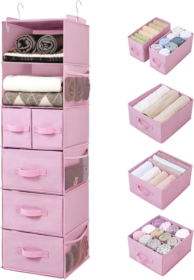 GRANNY SAYS Hanging Closet Organizer, 5 Drawers, 6 Shelves, 6 Pockets, Pink | Hanging Closet Organizer with 5 Different Drawer Designs, 6 Shelves & Reinforced Structure for Organized Small Spaces by GRANNYSAYS