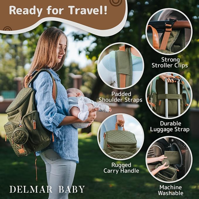 Large Diaper Bag Backpack for Mom & Dad | Unisex Baby Travel Bag | 15 Pockets | Changing Pad | Stroller Straps | Stylish & Washable | Newborn Essentials | Army Green - Image 6