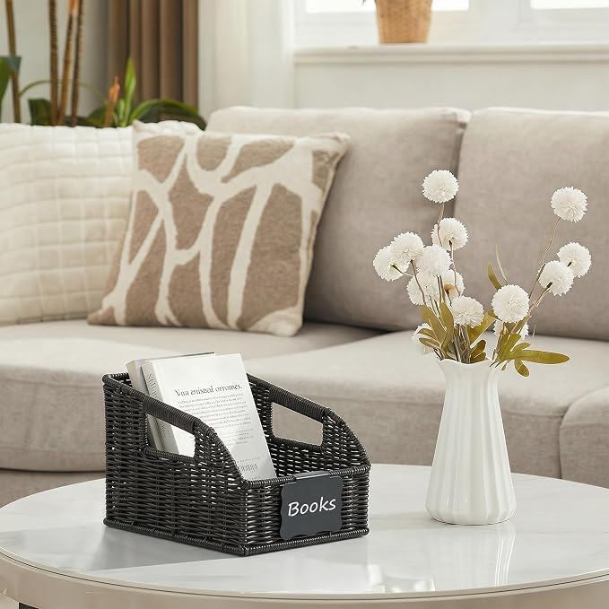 Pantry Organizers, Handwoven Large Wicker Baskets for Shelves, Labeled Storage Baskets for Organizing with Handles - Waterproof Plastic Storage Bins, Boho Decorative, 3Pack, Black - Image 7