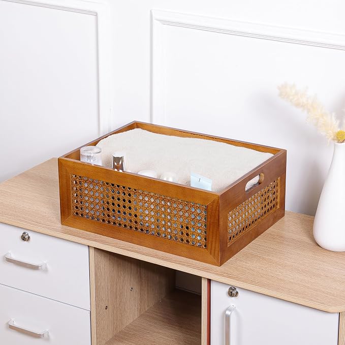 Rattan Wooden Box 15x11x6in Handmade Decorative Storage Basket with Handles | Natural Bamboo Woven Storage Basket Rustic Farmhouse Decor Home Office Tabletop Shelf Drawer Closet Desk Organizer, Brown - Image 9