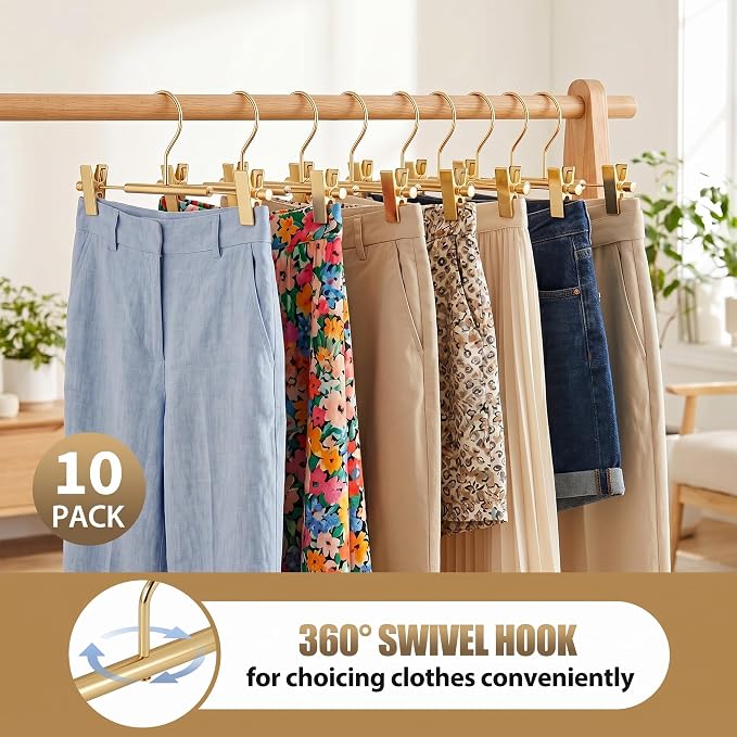 VWV 10 Pack Pants Hangers with Clips, 12.4 Inch Aluminum Skirt Hangers with 360° Swivel Hooks, Heavy Duty Space Saving Closet Hangers for Jeans, Slacks, Shorts (Gold) - Image 5