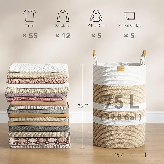 Nunsino 75L Striped Laundry Hamper with Leather Handles,Large Foldable Laundry Basket for Clothes,Cotton Rope Storage Bin for Blankets,Woven Clothes Basket for Bedroom,Beige Stripes - Image 4