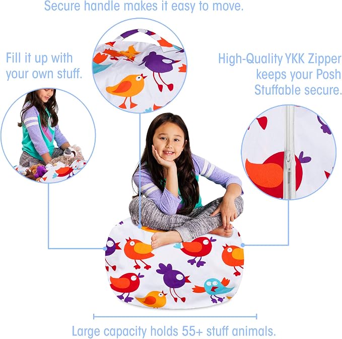 Posh Creations Stuffable Kids Stuffed Animal Storage Bean Bag Chair Cover - Childrens Toy Organizer Medium 27" - Canvas Birds on White - Image 2