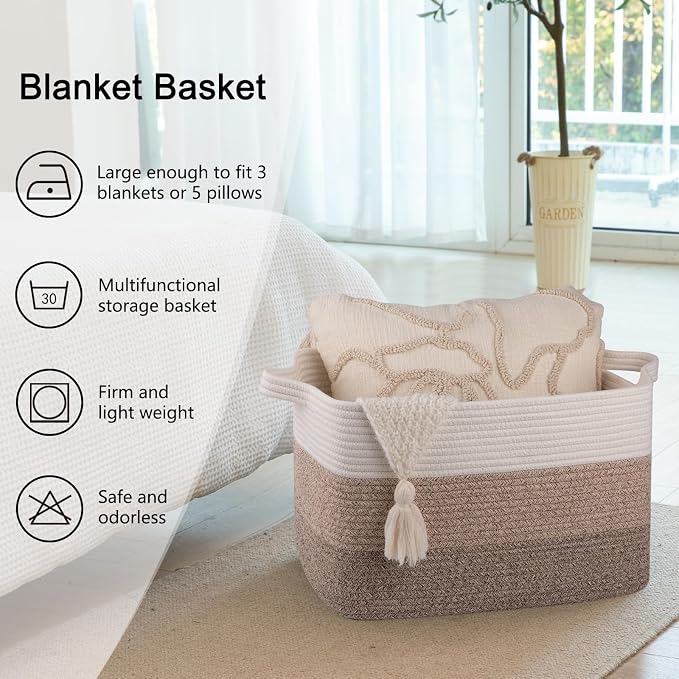 OIAHOMY Woven Blanket Basket Laundry Basket Dog Toy Basket Gradient Brown | Large Storage Basket,Baby Basket,Toy Storage,Woven Rope Basket for Blankets,Blanket Storage for Living Room - Image 6