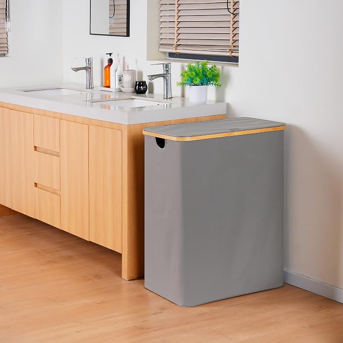 efluky Laundry Hamper with Lid, Trio Laundry Basket with 2 Removable Bags, 3 Section Laundry Bin with Bamboo Handles for Bathroom, Bedroom & Laundry Room, 160L (42.3 Gallon) Silver Grey - Image 5