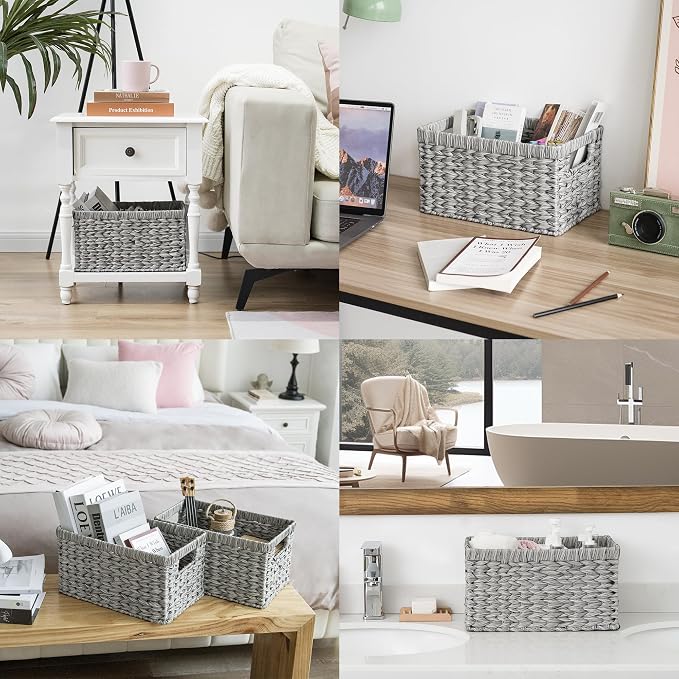 GRANNY SAYS Wicker Storage Baskets for Organizing, Basket Organizer, 2-Pack | Waterproof Wicker Baskets with Handles, Cabinet,Coffee Table,Gray Plastic Baskets for Shelves,Handwoven Bathroom Storage Bins - Image 9
