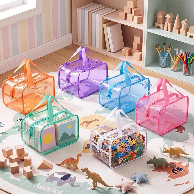 Shinylin 12 Pack Pastel Large Toy Storage Bags with Zipper 9.8 x 5.9 x 7.1 Inch Reusable Waterproof PVC Board Game Storage Bags with Labels for Puzzles Building Blocks Book Stationery - Image 3