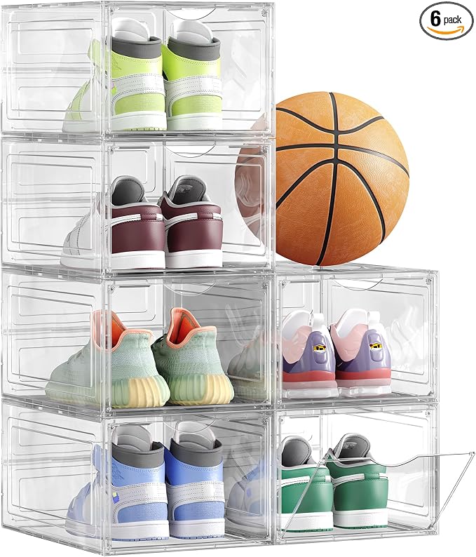 SONGMICS Shoe Boxes, Set of 6, Clear Plastic Sneaker Box, Up to US Size 11 | Stackable Shoe Storage Organizers, Drop Front Door, 13 x 9.8 x 7.1 Inches, Transparent White, DENNYS Collection ULSP032W06 by Unknown