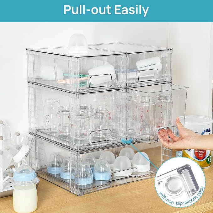 Vtopmart Clear Stackable Storage Drawers, 5 Pack Multi-Size Organizer Set | Wide, Medium and Small Pull-Out PET Drawers with Stackable Design for Cabinets, Closets, Pantry and Bathroom Organization - Image 5